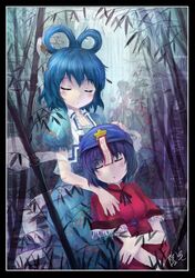  blue_hair closed_eyes dress eyes_closed hair_ornament hair_rings hair_stick hat jiangshi kaku_seiga miyako_yoshika multiple_girls ofuda oto_taku shawl short_hair sleeping star touhou yinzhai 