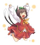  animal_ears arms_up brown_hair cat_ears cat_tail chen closed_eyes earrings eyes_closed fang hat jewelry jumping multiple_tails open_mouth short_hair simple_background skirt solo tail touhou viva!! 