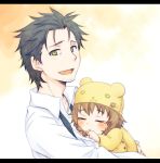  amane_suzuha animal_hat baby badge black_hair braid brown_hair carrying closed_eyes dress_shirt eyes_closed facial_hair hat letterboxed mayu_(airmods) necktie okabe_rintarou open_mouth pins shirt short_hair simple_background sleeping smile solo steins;gate stubble twin_braids yellow_eyes young 