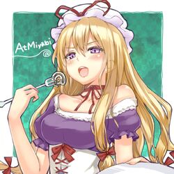  @ blonde_hair blush bow bust choker collarbone corset eating face fork hair_bow hat long_hair lowres momoko_(momopoco) off_shoulder open_mouth purple_eyes ribbon ribbon_choker short_sleeves solo touhou violet_eyes yakumo_yukari 