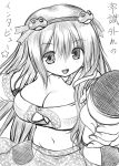  adapted_costume asamura_hiori bad_id breasts cleavage detached_sleeves fang frog hairband kochiya_sanae large_breasts long_hair looking_at_viewer microphone monochrome navel no_bra no_panties smile snake solo touhou translated 