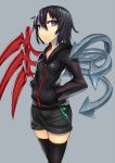  :o alternate_costume asymmetrical_wings black_hair black_legwear cellphone_strap contemporary gia hair_ornament hairclip hands_in_pockets highres hoodie houjuu_nue looking_at_viewer purple_eyes short_hair shorts simple_background solo thigh-highs thighhighs touhou ufo violet_eyes wings 