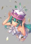  aqua_eyes aqua_hair bad_id birthday blurry blush collarbone confetti depth_of_field grin hand_to_hat hands_on_hat happy_birthday hat hatsune_miku leaning_forward long_hair looking_at_viewer pinakes pleated_skirt simple_background skirt smile solo spring_onion thigh-highs thighhighs twintails vocaloid white_legwear 