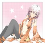  black_legwear breasts brown_eyes center_opening cleavage detached_sleeves fingerless_gloves gloves guilty_crown hair_ornament hairclip hand_between_legs long_hair miyako_tart navel pink_hair sitting solo star thigh-highs thighhighs under_boob underboob white_hair yuzuriha_inori 