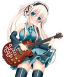  artist_request blue_eyes cosplay detached_sleeves guitar hair_ribbon hatsune_miku hatsune_miku_(cosplay) head_tilt headphones highres instrument long_hair mabinogi nao panties pantyshot ribbon silver_hair simple_background solo source_request super_sonico thigh-highs thighhighs twintails umitsubame underwear vocaloid 