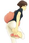  1girl ass bag bob_cut brown_eyes from_behind from_below gake_no_ue_no_ponyo hands jas leaning_forward no_socks pants risa_(ponyo) shoe_pull short_hair sideboob simple_background solo standing studio_ghibli t-shirt 