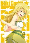  ahoge bare_shoulders blonde_hair breasts green_eyes highres hoshii_miki idolmaster long_hair looking_back open_mouth pointing smile solo tjk wink 
