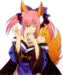  animal_ears bare_shoulders bow breasts brown_eyes caster_(fate/extra) cleavage detached_sleeves dress fate/extra fate/stay_night fate_(series) fox_ears fox_tail hair_bow hair_ribbon hands heart izru japanese_clothes payot pink_hair ribbon short_hair short_twintails smile tail translated translation_request twintails wink 