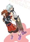  blue_eyes boots brown_hair fang fingerless_gloves gloves jewelry kingdom_hearts meka_(totto18) multiple_boys necklace riku short_hair silver_hair sora_(kingdom_hearts) spoilers wristband 