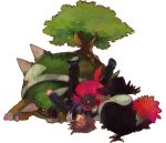  1boy bird blush fedora flower hat honchkrow pokemon pokemon_(anime) pokemon_(creature) purple_hair red_rose rose shinji_(pokemon) simple_background todot torterra tree upside-down weavile 