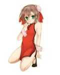  baka_to_test_to_shoukanjuu blush brown_hair china_dress chinese_clothes crossdressinging green_eyes hair_ornament hairclip hand_on_own_chest hand_to_chest harami_(mxp0109) kinoshita_hideyoshi legs male short_hair solo squatting trap wrist_cuffs 