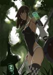  bare_shoulders breasts brown_hair checkered checkered_legwear cleavage detached_sleeves forest from_below glowing grass leotard lowres nature okuto original parted_lips polearm shield solo thigh-highs thighhighs thong_leotard weapon wide-eyed 