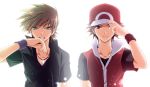  alternate_costume alternate_headwear baseball_cap brown_eyes brown_hair clenched_teeth green_eyes hand_on_hat hand_to_hat hat jewelry looking_at_viewer male mao_(core) mayokichi multiple_boys necklace ookido_green ookido_green_(frlg) pokemon pokemon_(game) pokemon_firered_and_leafgreen pokemon_frlg pokemon_rgby red_(pokemon) red_(pokemon)_(remake) wristband 