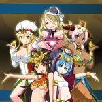  5girls :d :q arabian_clothes bare_shoulders breasts chin_rest cleavage dark_skin grin hair_over_one_eye headgear heart highres horns large_breasts long_hair looking_at_viewer multiple_girls navel open_mouth outstretched_arm pose puzzle_&amp;_dragons smile tongue tongue_out tubetop under_boob zaxwu 
