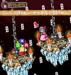  blue_hair bow brown_hair candle chain chains chandelier check_translation crystal fairy hair_bow hakurei_reimu hat highres kinakomoti_daisuki looking_at_viewer multiple_girls parody red_eyes remilia_scarlet short_hair smile super_mario_bros. super_mario_rpg touhou translated window 