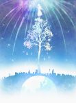  city dress earth highres hono_mochizuki light long_hair original silhouette sky skyscraper space star_(sky) starry_sky tree 