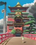  bridge building casual child cloud east_asian_architecture from_behind highres official_art ogino_chihiro ponytail scenery sen_to_chihiro_no_kamikakushi sky smoke standing studio_ghibli traditional_media translation_request tree 