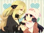  alternate_costume black_hair blonde_hair hand_to_chin hat heart hikari_(pokemon) hikari_(pokemon)_(remake) long_hair multiple_girls nicole_(usako) open_mouth orange_eyes pokemon pokemon_(game) pokemon_dppt rabbit-26 scarf shirona_(pokemon) usako_(26) winter_clothes yuri 