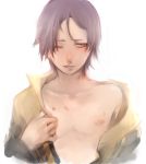 bad_id bite_mark collarbone face hair_over_one_eye hands inazuma_eleven inazuma_eleven_(series) inazuma_eleven_go inu_no_esa looking_at_viewer male minamisawa_atsushi nipples shiro_(reptil) simple_background solo undressing white_background wince 