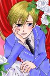 1girl blonde_hair flower necktie ouran_high_school_host_club rose solo tagme white_flower white_rose