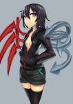  asymmetrical_wings black_hair black_legwear blush breasts cellphone_strap cleavage contemporary gia hair_ornament hairclip hands_in_pockets highres hoodie houjuu_nue looking_at_viewer no_bra purple_eyes short_hair shorts simple_background solo thigh-highs thighhighs touhou ufo unzipped violet_eyes wings 