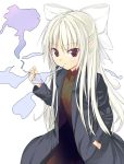  bow cigarette coat hair_bow hand_in_pocket long_hair looking_at_viewer melty_blood naked_coat nrvnqsr_chaos pointy_ears red_eyes simple_background smoke smoking solo tsukihime white_hair white_len 