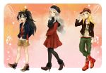  black_hair black_legwear blonde_hair blue_eyes boots contemporary dress ganaha_hibiki green_eyes hair_ribbon hands_in_pockets hat highres holding holding_hat hoshii_miki idolmaster jacket long_hair multiple_girls pants pantyhose ponytail red_eyes ribbon sasaki1216 shijou_takane shorts silver_hair 