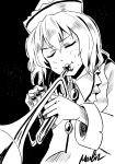  1girl character_name hat instrument merlin_prismriver monochrome night playing_instrument short_hair solo star_(sky) sweat taishi_(moriverine) touhou trumpet 