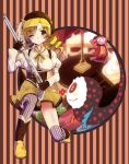  beret blonde_hair boots breasts cake candy charlotte_(madoka_magica) chocolate detached_sleeves drill_hair fingerless_gloves food fruit gloves gun hair_ornament hat magical_girl magical_musket mahou_shoujo_madoka_magica strawberry taut_shirt thigh-highs thighhighs tomoe_mami vertical-striped_legwear vertical_stripes weapon yellow_eyes 