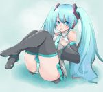  blue_hair blush bow detached_sleeves hair_bow haruyuki hatsune_miku lying panties striped striped_panties thigh-highs thighhighs twintails underwear vocaloid 