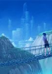  ac_(eshi) backpack bag bike_shorts blue_hair blue_sky bridge building city_skyline cloud hanging_bridge highres mountain nature original ponytail randoseru science_fiction shirt sky skyscraper solo water waterfall 