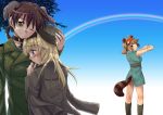  animal_ears blonde_hair blue_eyes blush boots brown_eyes brown_hair gertrud_barkhorn hat helma_lennartz hug long_hair looking_back military military_uniform multiple_girls niina_ryou original outstretched_arms rainbow smile stretch strike_witches tail tears uniform wink 