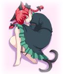  1girl animal_ears barefoot black_dress blush bow braid cat_day cat_ears cat_tail closed_eyes dress extra_ears fetal_position gomi_(gomitin) hair_bow juliet_sleeves kaenbyou_rin leg_ribbon long_sleeves lying multiple_tails nekomata on_side open_mouth pointy_ears puffy_sleeves redhead smile solo tail touhou twin_braids 
