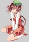  animal_ears bowtie brown_eyes brown_hair cat_ears cat_tail chen earrings fang grey_background hat jewelry kureha_(ironika) looking_at_viewer multiple_tails open_mouth simple_background sitting smile solo tail touhou v_arms wariza 