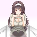  1girl black_hair breast_squeeze breasts chin_rest cleavage cleavage_cutout glass_table hairband kasumigaoka_utaha kurosawa long_hair open-chest_sweater pantyhose red_eyes ribbed_sweater saenai_heroine_no_sodatekata sitting solo sweater 