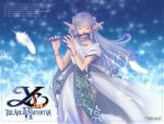  bow bracelet cape closed_eyes elf eyes_closed falcom flute hair_ribbon instrument jewelry logo long_hair long_pointy_ears official_art olha pointy_ears rehda ribbon skirt solo taue_shunsuke title_drop wallpaper ys ys_vi 