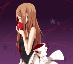  bad_id bare_shoulders brown_hair closed_eyes double-h_(mawaru_penguindrum) eyes_closed food fruit hachimikks_(artist) holding holding_apple holding_fruit long_hair mawaru_penguindrum no_hat no_headwear princess_of_the_crystal profile red_string solo string takakura_himari title_drop 