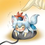  =_= animal_ears blue_dress blue_hair blush chibi computer_mouse dog_ears dog_tail dress fang hat kamishirasawa_keine kemonomimi_mode long_hair minigirl on_stomach open_mouth rebecca_(keinelove) rebecca_(naononakukoroni) tail touhou translated translation_request 