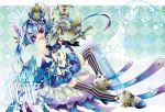  ahoge blue_eyes blue_hair checkered checkered_background crown fang gauntlets gloves happy head_wings highres huge_weapon knight multicolored_eyes open_mouth original red_eyes sana.c see-through shoes short_hair smile star sword thigh-highs thighhighs vertical-striped_legwear vertical_stripes weapon wings 