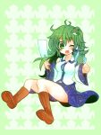  blush boots breasts detached_sleeves frog gohei green_eyes green_hair hair_ornament hair_tubes highres kochiya_sanae long_hair open_mouth sitting smile snake solo touhou wink 