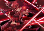  energy_ball evil gamuo grin hair_ribbon hakurei_reimu markings midriff navel no_bra red red_eyes red_hair redhead ribbon skirt smile solo tattoo touhou 