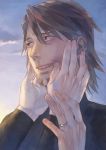  bodysuit brown_eyes brown_hair facial_hair grinning hands_on_face honny_joy jewelry kaburagi_t_kotetsu male ring short_hair solo stubble tiger_&amp;_bunny wedding_band 