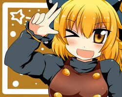  blonde_hair hair_ribbon kurodani_yamame motsu_(selshia12) ribbon solo touhou wink yellow_eyes 