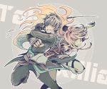  boots clenched_hands coat fist fuzitsu gloves gradient_hair green_hair grey_hair jude_mathis long_hair milla_maxwell multicolored_hair outstretched_hand pants red_eyes skirt smile tales_of_(series) tales_of_xillia title_drop yellow_eyes 