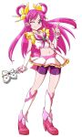  1girl bike_shorts boots brooch butterfly cure_dream frills gloves hair_ribbon hair_rings highres jewelry long_hair magical_girl midriff navel nzack pink pink_eyes pink_hair pointing precure purple_bike_shorts ribbon shorts_under_skirt skirt smile solo wand wink yes!_precure_5 yumehara_nozomi 
