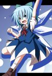  blue_hair bow cirno do_(4-rt) dress fang hair_bow open_mouth short_hair smile solo standing_on_one_leg touhou wings 