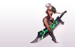  bandage belt blush boots breasts gauntlets huge_weapon knockwurst league_of_legends riven_(league_of_legend) riven_(league_of_legends) sarashi short_hair shoulder_pads solo sword toes weapon white_hair 