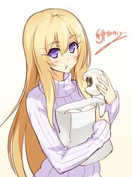  1girl blonde_hair cu-no eating hakurei_botan kikyou-0423 long_hair ribbed_sweater solo sweater violet_eyes 