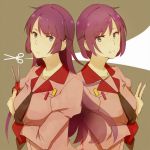  back-to-back bakemonogatari breasts dual_persona frown long_hair monogatari_(series) purple_eyes purple_hair school_uniform scissors senjougahara_hitagi short_hair smile v violet_eyes 