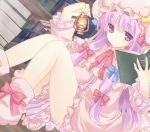  book bow crescent crescent_moon dress frills hair_bow hat izumiyuhina lantern long_hair moon patchouli_knowledge purple_eyes purple_hair shoes sitting solo thighs touhou violet_eyes 